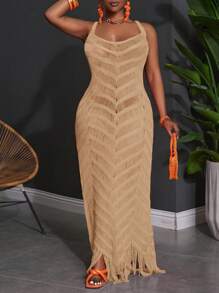 Slaydiva Plus Size Summer Sleeveless Vacation Hollow-Out Sheer Maxi Bodycon Dress Mesh Maxi Dress Knit Maxi Dress Gold Maxi Dress Tan Maxi Dress - Khaki - View 3