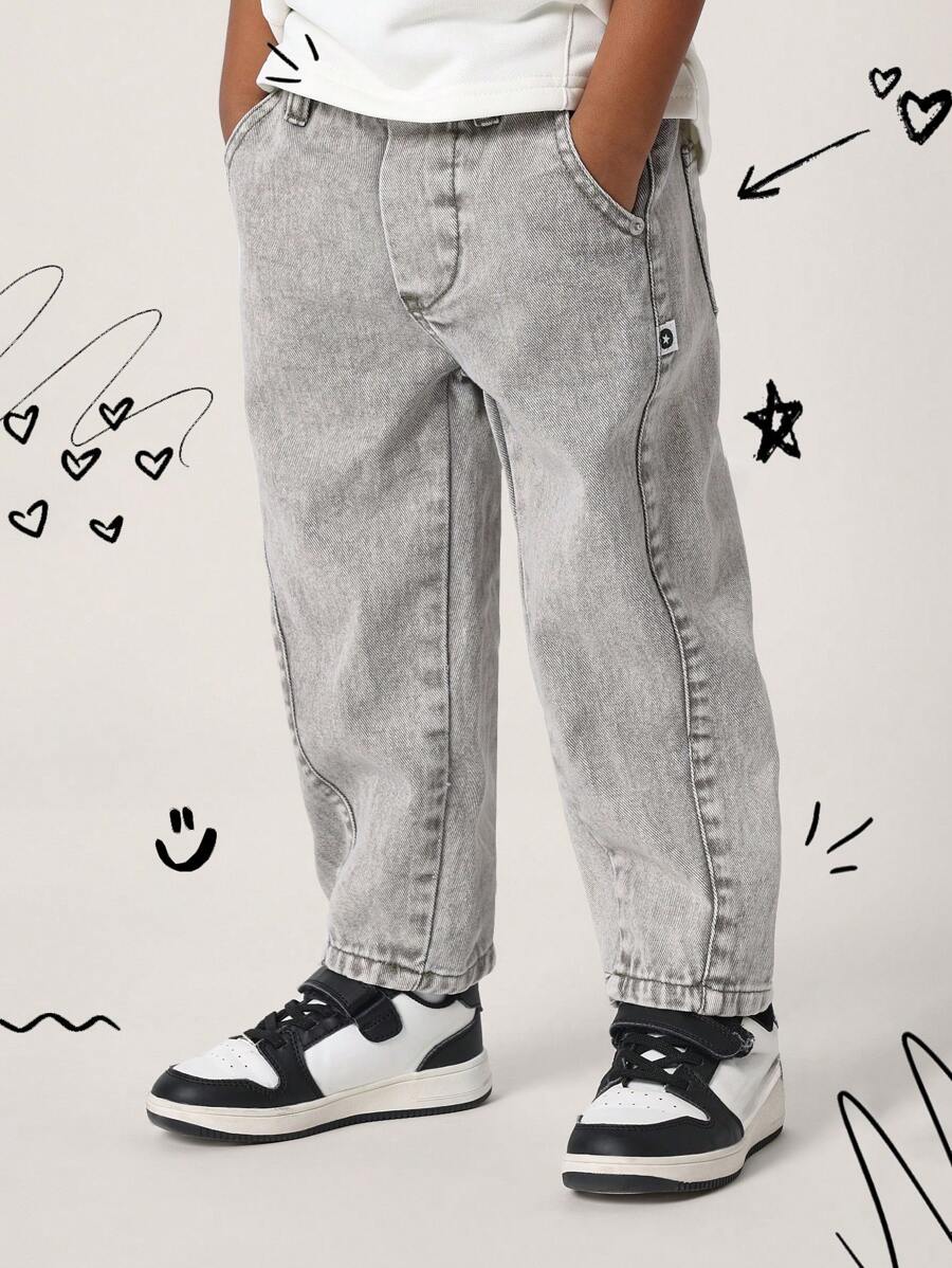 SUMWON Kids Relaxed Fit Pull On Denim Pants Elastic Waist Casual Children Jeans Comfortable Everyday School Wear Spring Fall - Grey - View 1