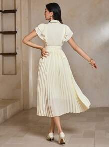DAZY Women's Cream-Yellow Trench Vest-Style Chiffon Mesh Patchwork Cinched Waist Elegant Dress, Spring/Summer Maxi Dress - White - View 3