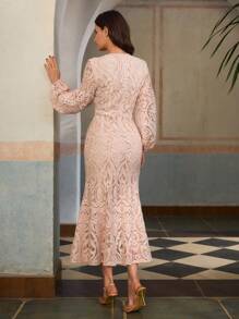 ZEYLAH Elegant Lace Round Neck Long Sleeve Dress, Vacation Style For Spring/Summer