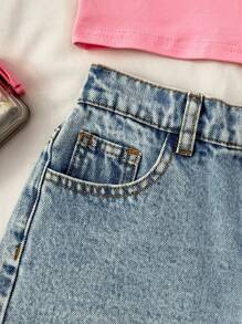 SHEIN Shorts vaqueros de verano informales azules con cierre de cremallera para niñas