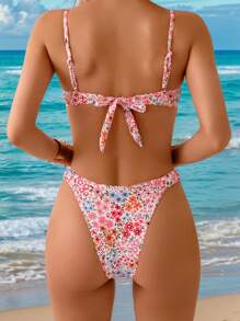 Swim Mod Ladies Printed 2pcs Swimsuit With Halter Neck, Frill Trim Shoulder Straps, Back Tie And Side Ruffle Details For Summer Beach Vacation - Multicolor - View 2