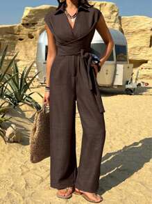 DAZY Women's V-Neck Straight Leg Jumpsuit With Cinched Waist, Twist Tie Bow Accent, Suitable For Vacation, Business And Casual Women Rompers Fall/Winter - Coffee Brown - View 1