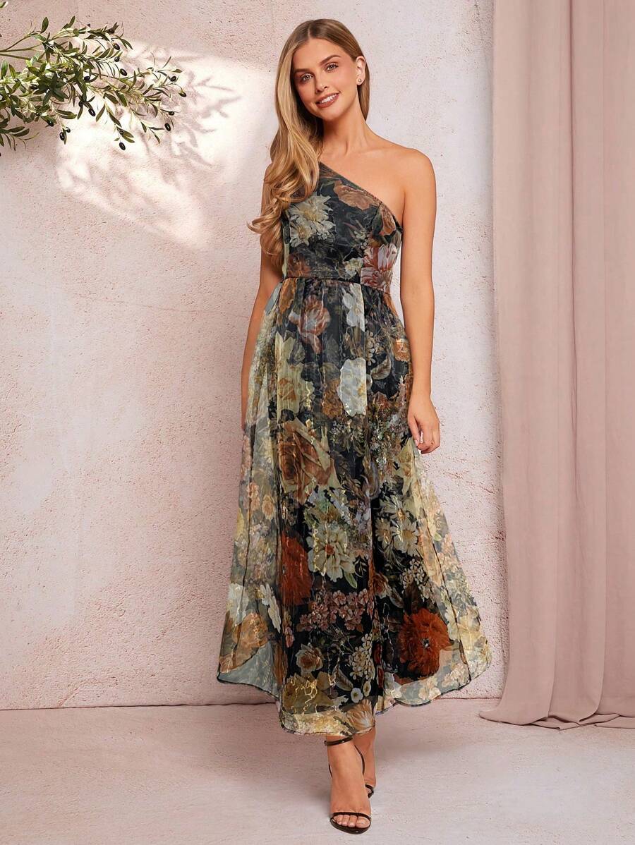 Amorya Women Floral Print Sleeveless Oblique Shoulder Exposed Shoulder Organza Waist Gather Midi Dress, Elegant For Casual Outing, Spring/Summer - Yellow - View 1