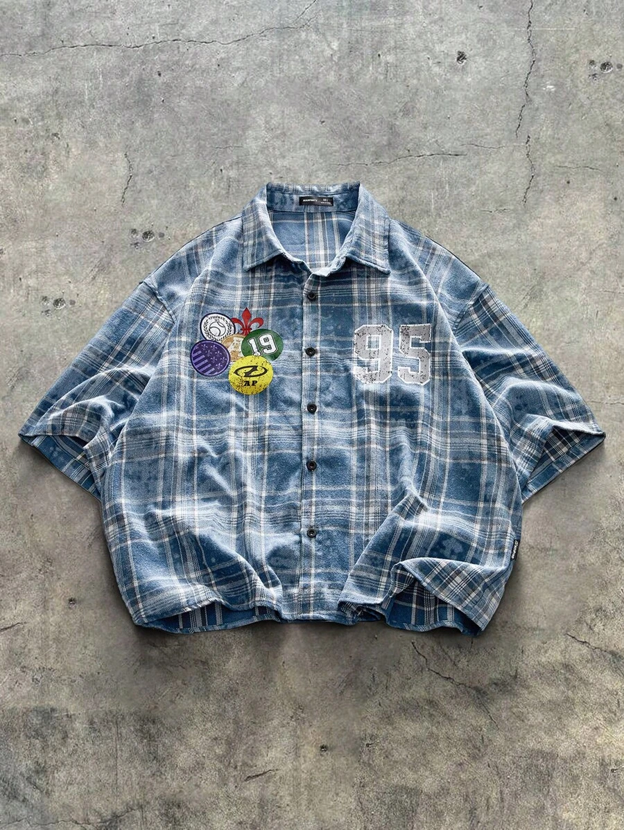 AXEPEAK Men's Plaid Loose Casual Woven Short Sleeve Blue Shirt, Streetwear Inspired, Emo - Multicolor - View 1