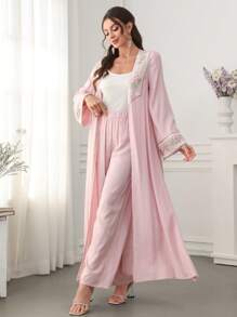 Al Najma Arabic Style Colorful Embroidery Floral Front Opening & Cuff Splice Outfit Set, Spring/Summer, Modest
