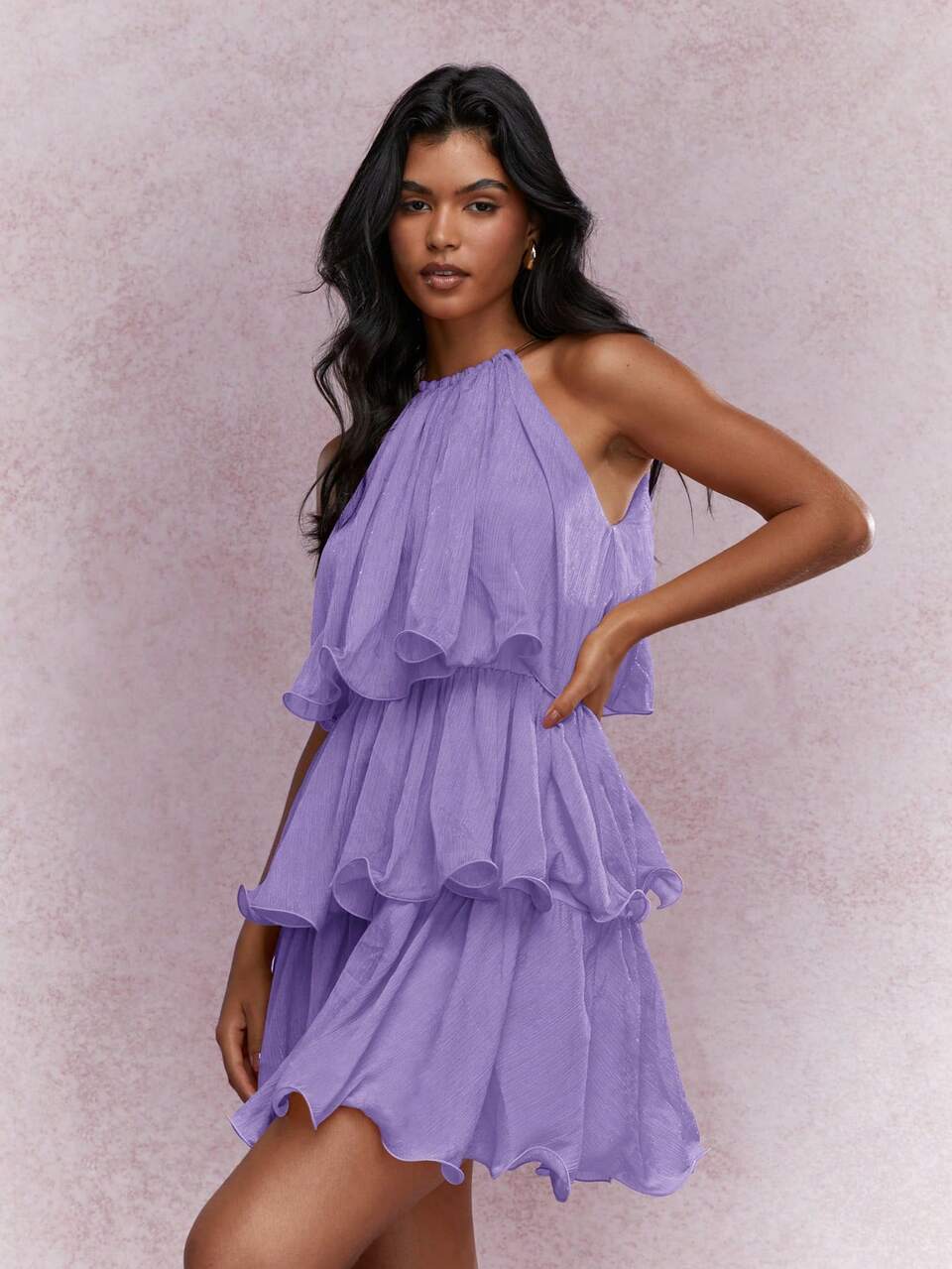 purple halter ruffle dress Oksale Halter Neck Dress for Women Elegant Trendy Asymmetrical Ruffle Hem Maxi Dress Cozy Sleeveless Summer Dresses for Wedding Guest Purple XL,
