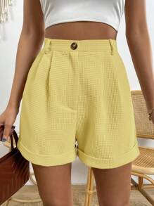 SHEIN LUNE 高腰素色纹理休闲短裤，夏季 - 黃色 - 查看 5