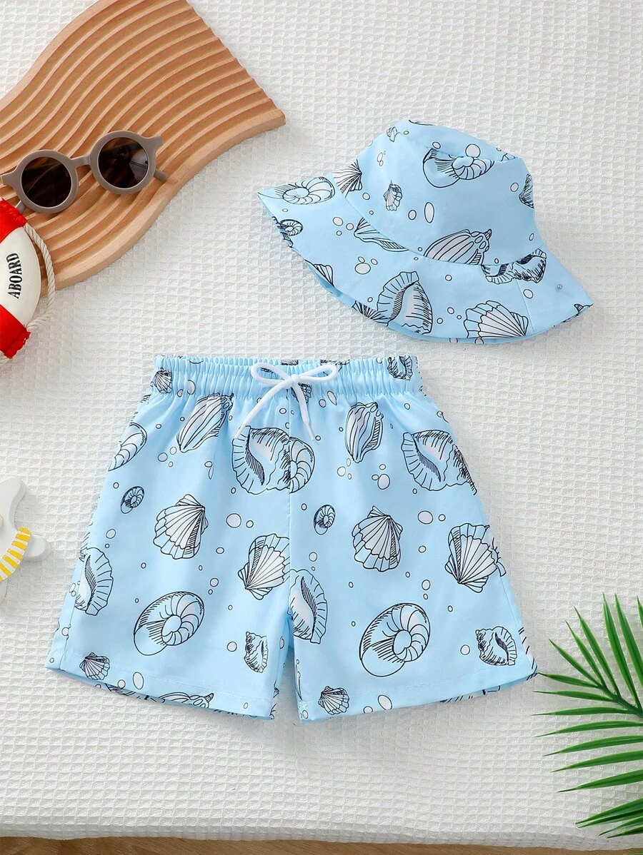 Baby Boy Seashell Print Swim Shorts And Hat Swimwear - Multicolor - View 1