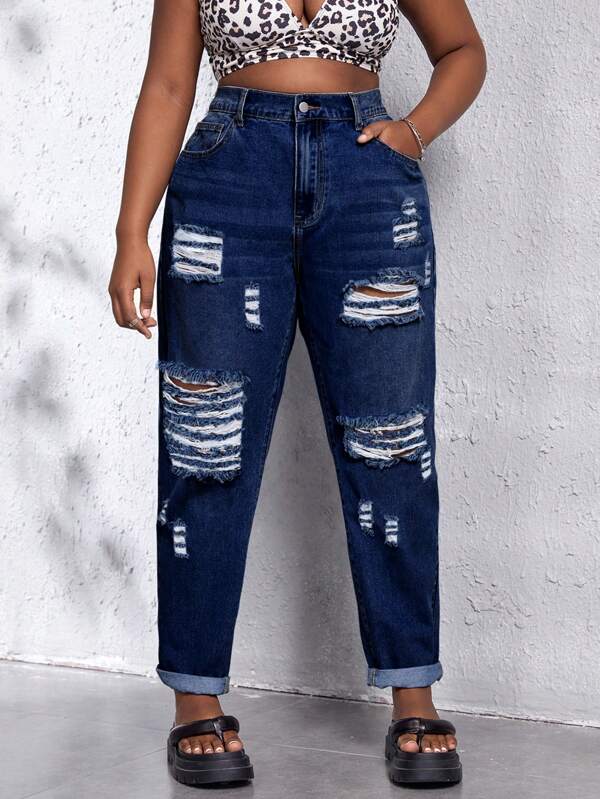 SHEIN SXY Blugi simpli, cu talie înaltă, stil Distressed, mărime Plus, potriviți pentru purtare zilnică