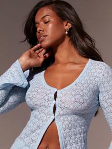 Athîral 2pcs Women Solid Color Button Up Blouse And Skirt Knitted Set - Baby Blue - View 3