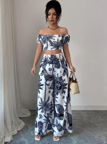 Elenzga 女式波西米亚风格印花围裙上衣，露肩设计 + 系腰直筒裤套装 - 彩色 - 查看 8