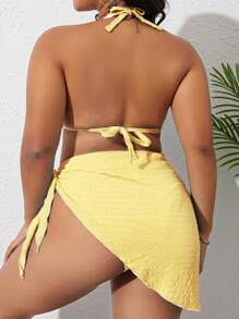 Swim Basics Bộ 3 mảnh bikini hở lưng màu trơn cỡ lớn cho nữ - Màu vàng - Xem 2