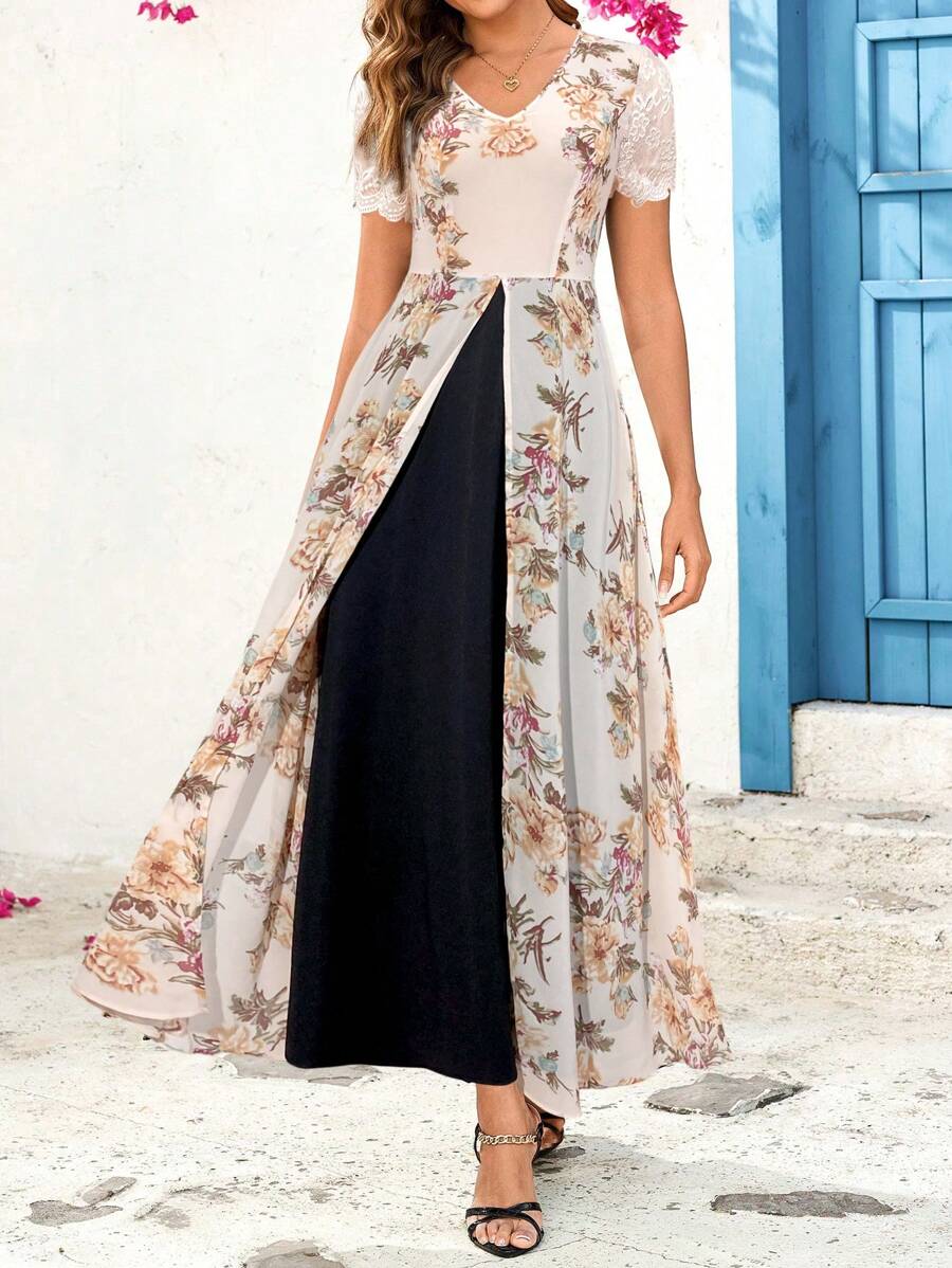 SHEIN Clasi 女士优雅浪漫黑色花卉印花层叠蕾丝下摆长裙 - 杏色 - 查看 1