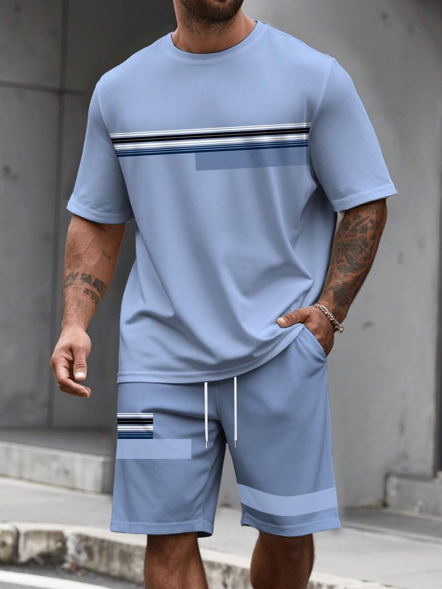 Manfinity Homme Plus Size Men's Striped Crew Neck Short Sleeve T-Shirt & Drawstring Shorts Set - Multicolor - View 1