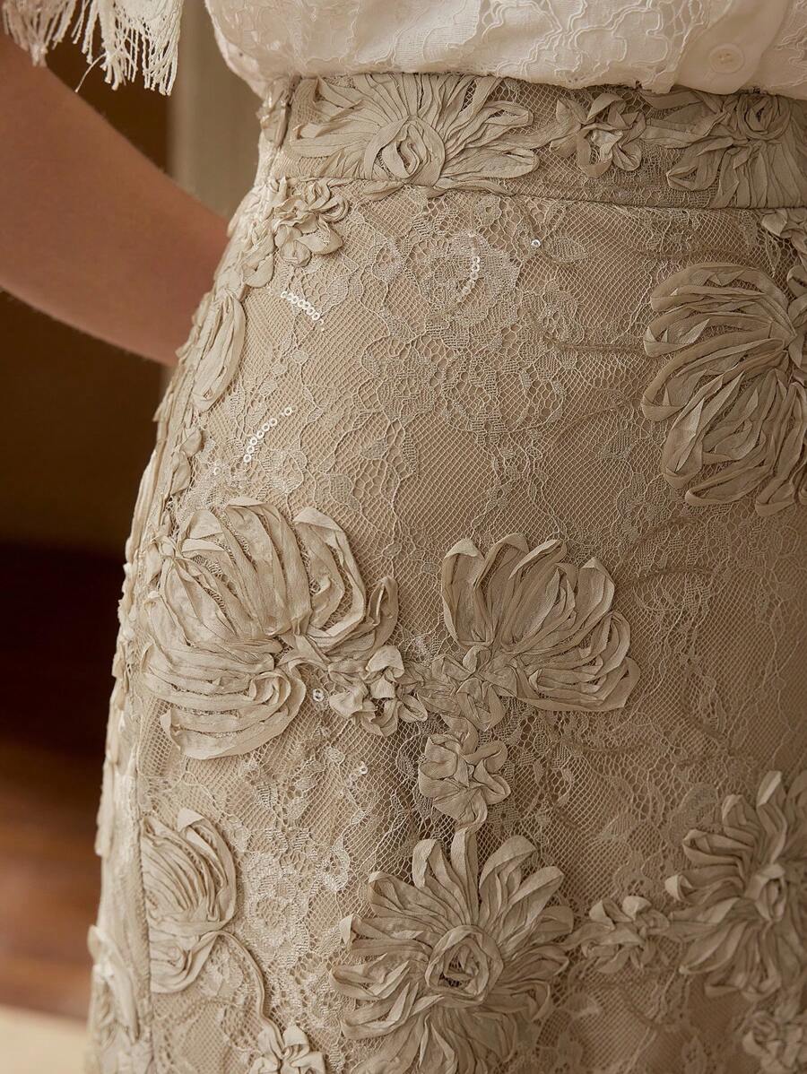 MOTF PREMIUM 刺绣提花裙 - 卡其色 - 查看 2