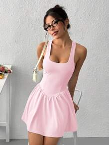 SHEIN EZwear 纯色工字背休闲连衣裙配短裤 - 粉色 - 查看 4