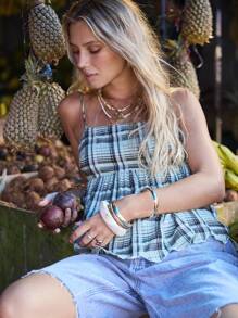 Aralina 格纹系带飘逸度假夏季娃娃装荷叶边吊带上衣 - 青碧色 - 查看 3