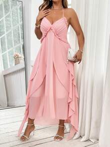 SHEIN LUNE Plus Size Women French Elegant Ruffle Backless Spaghetti Strap Dress, Pink - Coral Pink - View 7