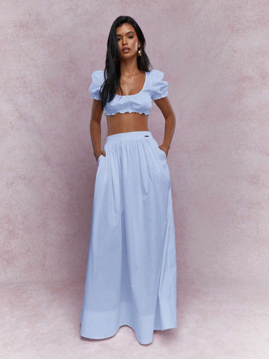 MISSGUIDED Milkmaid Puff Sleeve Ruffle Crop Top High Waist Maxi Skirt Summer Beach Vacation Resort Wear - Baby Blue - View 1