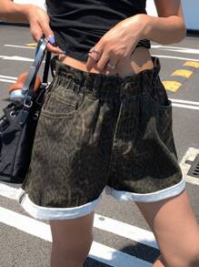 DAZY Loose Straight Rolled Cuff Women's Denim Shorts, Holiday Style Jorts - Brown - View 6