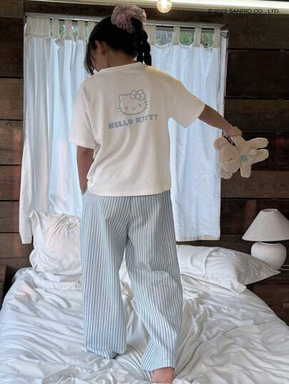 HELLO KITTY | DAZY طقم بنات المراهقات للخريف - تيشيرت برقبة مستديرة مترابطة بأكمام قصيرة + بنطلون مخطط منسوج، للربيع/الصيف رمضان