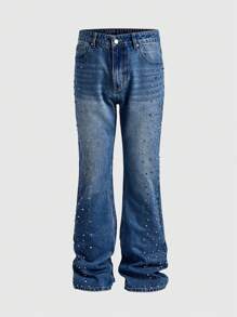 ROMWE MEN Street Life Quần Jeans Denim Nhiều Túi Trang Trí Đá Rhinestone Màu Sắc Cho Nam Thường Ngày Đa Năng - Màu xanh lam - Xem 3