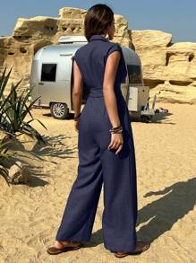 DAZY Bộ đồ liền thân ống đứng cổ chữ V có thắt nút phía trước và trang trí nơ, dành cho kỳ nghỉ, công sở, quần yếm thường ngày cho phụ nữ - Màu xanh hải quân - Xem 2