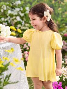 SHEIN 女婴纯色圆领泡泡袖梭织连衣裙 - 黃色 - 查看 5