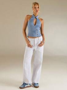 Avantive Summer Women Halter Neck Cutout Front Crop Blue Top - Blue - View 4