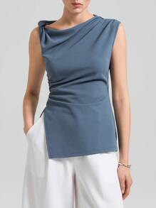 Ontre 2025 New Autumn Women's Twist Shoulder Elegant T-Shirt, Side Seam Pleated Slit Waist, T-Shirt, Business Casual Women's Vacation Beach Birthday Party, Women's Teacher Uniform Basic Top, Outdoor Top, Women's Office Wear - Blue - View 5