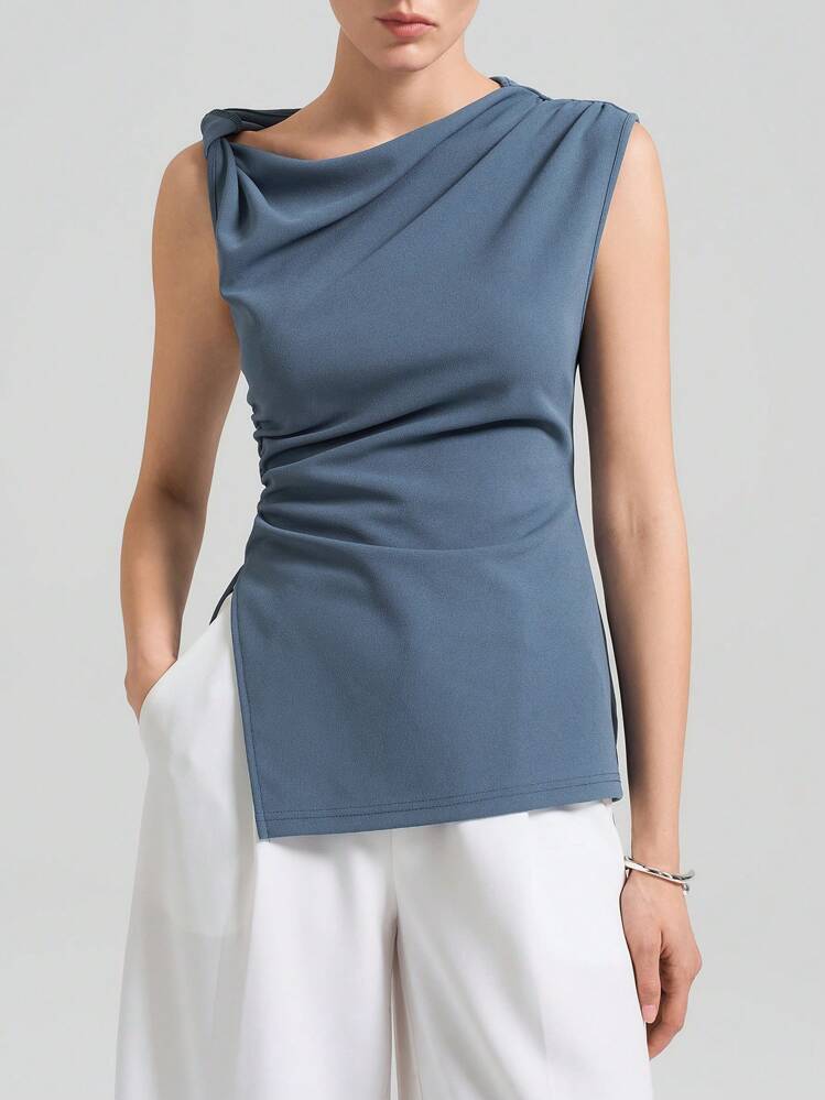 Ontre Camiseta elegante con hombros retorcidos en azul 2026SS, con abertura lateral y cintura fruncida, ropa casual de negocios para mujer, atuendo para fiesta de playa, uniforme de maestra, top básico, ropa para exteriores, atuendo de oficina - Azul - Añade 4