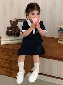 DAZY Baby Girls Regular Turn-Down Collar Color Block Mid-Length Casual Summer Dress Toddler Girls Clothes - Navy Blue - View 2