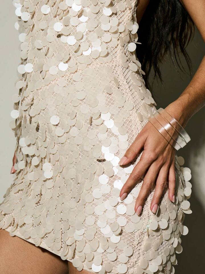 sequin disk dress ASOS EDITION embellished disc sequin square neck full skirt midi dress in  silver