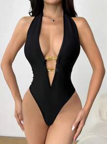 SHEIN PETITE Women's Fashionable Sexy Halter Deep V Neck Solid Color Bodysuit With Metal Buckle Decor, Suitable For Music Festivals And Resort Occasions - Black - View 6