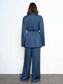 Maija 女士时尚百搭缎面提花简约系带前长袖开衫和松紧腰裤休闲装，2 件套；女士休闲家居服，商务休闲办公服 - 藍色 - 查看 6