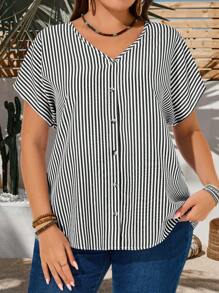 EMERY ROSE 夏季大码条纹印花V领休闲短袖衬衫 - 黑色 - 查看 5