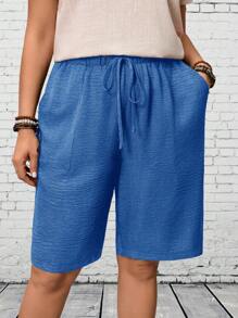 EMERY ROSE Plus Size Women Tie Waist Pockets Casual Versatile Shorts - Blue - View 3