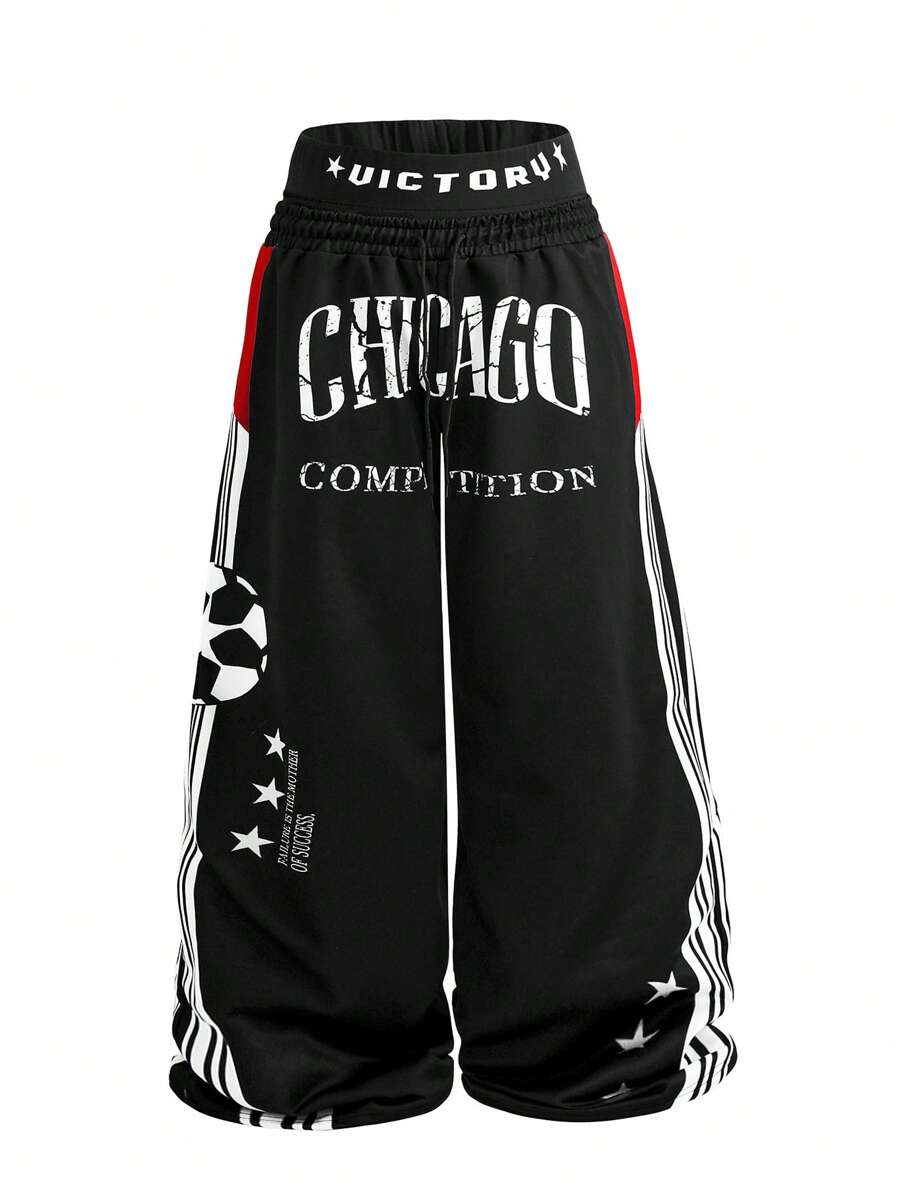 Manfinity EMRG 男士街头运动学院风 INS 高街嘻哈超大字母芝加哥图案运动裤 - 彩色 - 查看 1