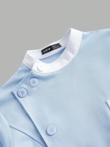 Scrubzie Blue & White Collar Nurse Uniform Dress, Long Sleeve Single Button Up