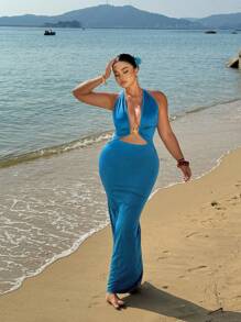 Sunnyshic Vestido largo de playa con escote halter y espalda descubierta talla grande - Azul - Ver 3