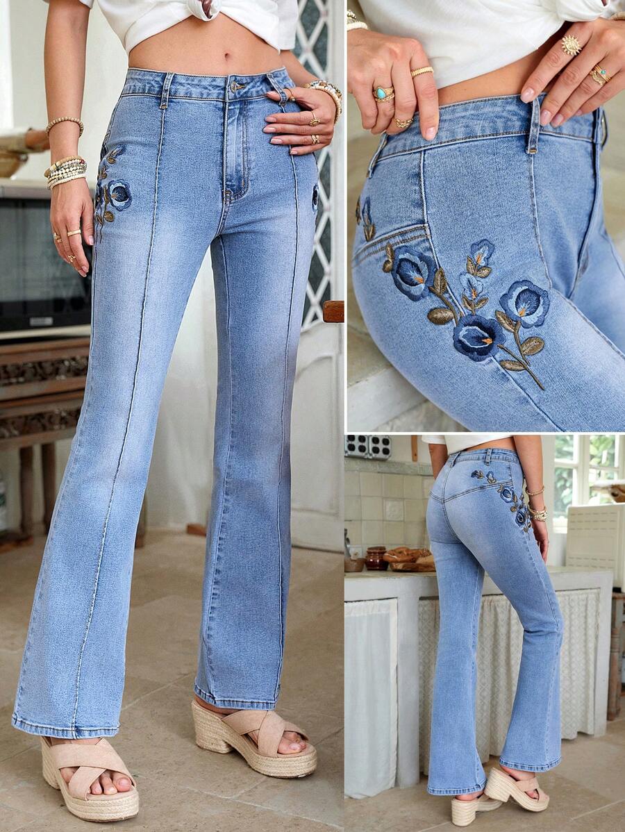 LanaWest Women's Embroidery Design Casual Versatile Flared Jeans - Light Wash - View 1