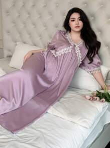 Dazy Plus Plus Size Purple Contrast Lace V-Neck Loose Long Nightgown Pajama - Purple - View 7