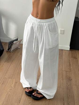 Coolane Women's Summer Minimalist Boho Vacation Outfits Casual Basic Daily Wear Linen Comfortable Low Rise Baggy Pants,Linen Pants