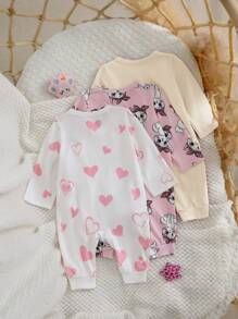 SHEIN 3pcs Newborn Baby Girl Cute Cartoon Pattern Knitted Long Sleeve Jumpsuit Set For Autumn/Winter - Multicolor - View 2