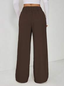 SHEIN PETITE 女士优雅双纽扣直筒办公裤 - 巧克力棕 - 查看 2