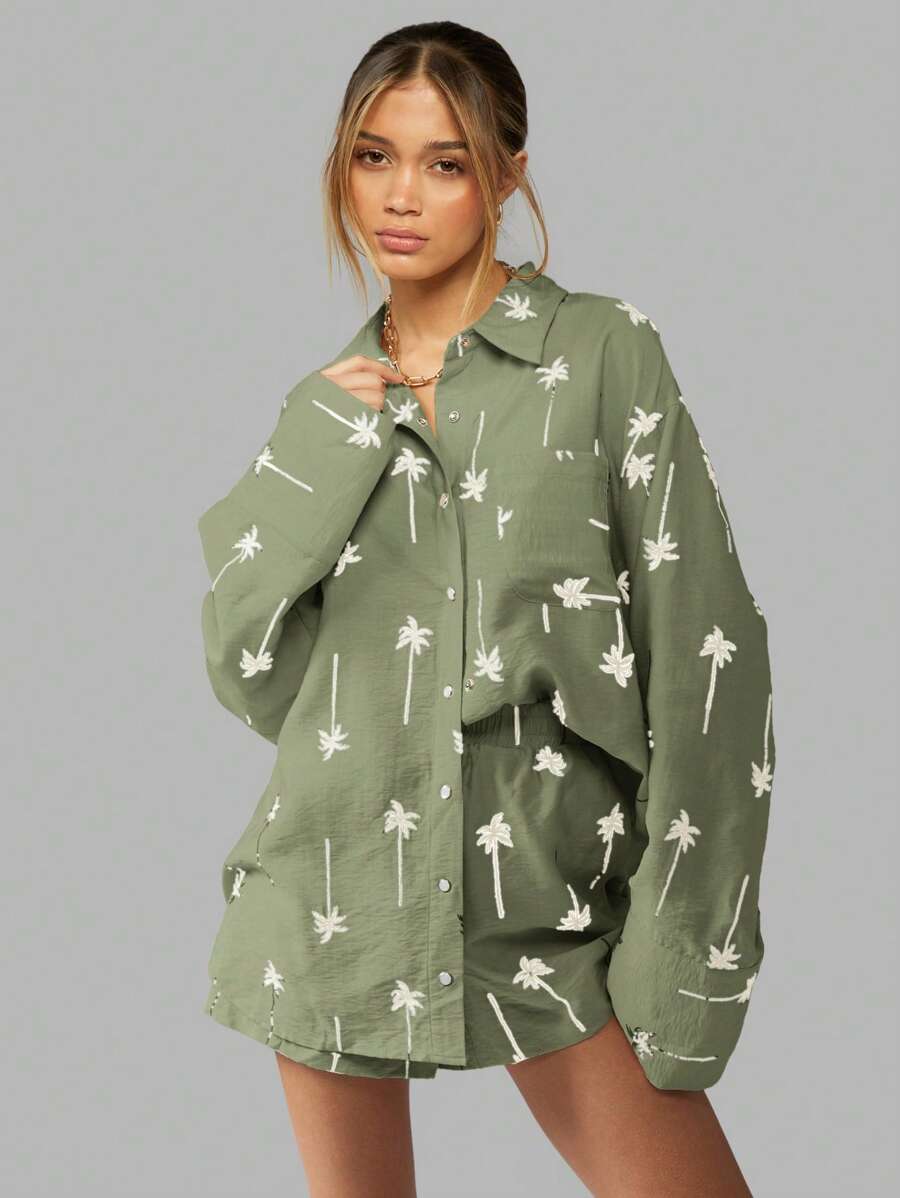 MISSGUIDED Palm Tree Print Linen Feel Style Summer Beach Resort Two Piece Set Button Down Shirt And Matching Shorts Leisure Holiday Lounge Wear Coordinated Set Christmas - Green - View 1