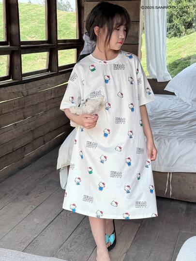 HELLO KITTY | DAZY 青少年女孩圆领针织睡袍睡衣，女孩夏季服装，返校服装