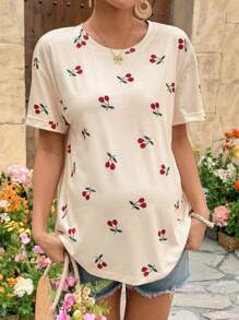 SHEIN T-shirt d'été de maternité décontracté à col rond et épaules tombantes avec imprimé cerises