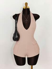 Amplova 深 V 领挂脖纹理面料紧身连衣裤